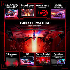 SANSUI 27 Inch Curved Gaming Monitor 200Hz 1ms with Speakers FHD 1080P Computer Monitor FreeSync|1500R|130% sRGB|HDR|Low Blue Light|HDMI DP Ports|VESA Mount|Metal Stand(HDMI Cable Incl.)
