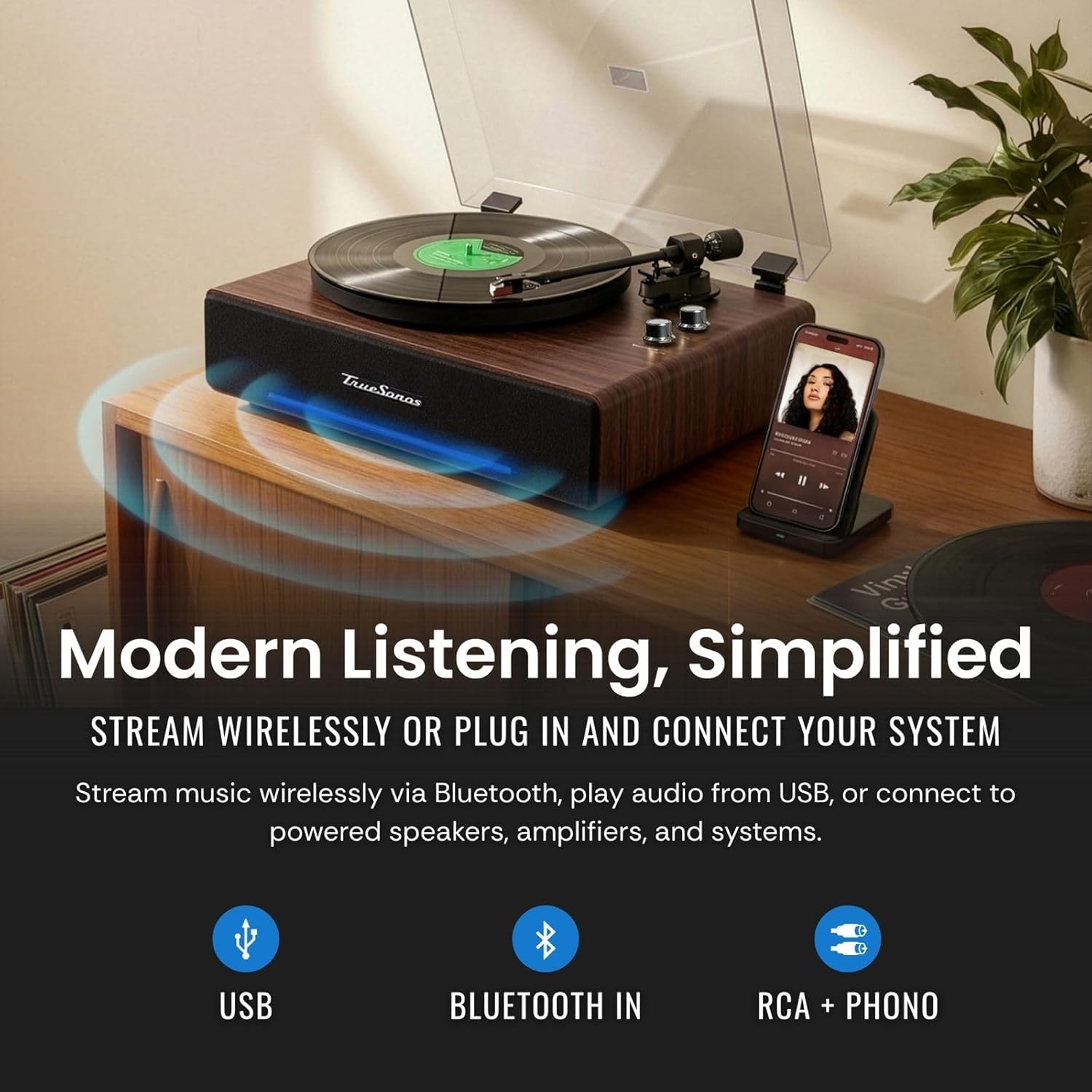 Hi-Fi Record Player with Speakers | Premium Vinyl Turntable with Bluetooth Capability | Built-in 4-Speaker Stereo System for Music Fans  Walnut Veneer + Black Trim