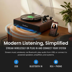 Hi-Fi Record Player with Speakers | Premium Vinyl Turntable with Bluetooth Capability | Built-in 4-Speaker Stereo System for Music Fans  Walnut Veneer + Black Trim