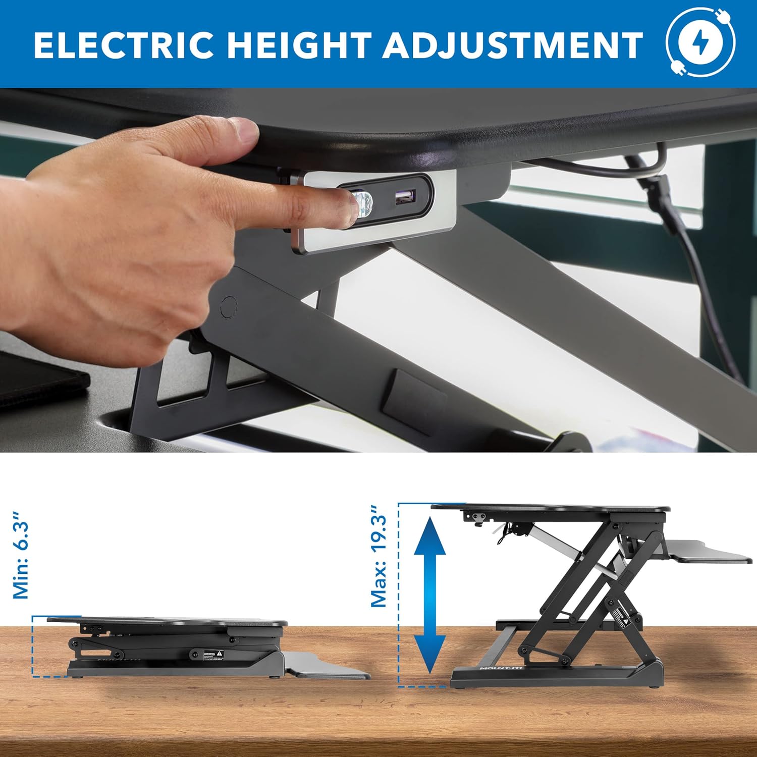 Mount-It! Electric Standing Desk Converter with Dual Monitor Arm, Stand Up Desk Riser X-Large 47.2" Wide, Electric Desk Riser with Mount for 2 Screens (Max 32"), Desktop with Keyboard Tray, USB, Black