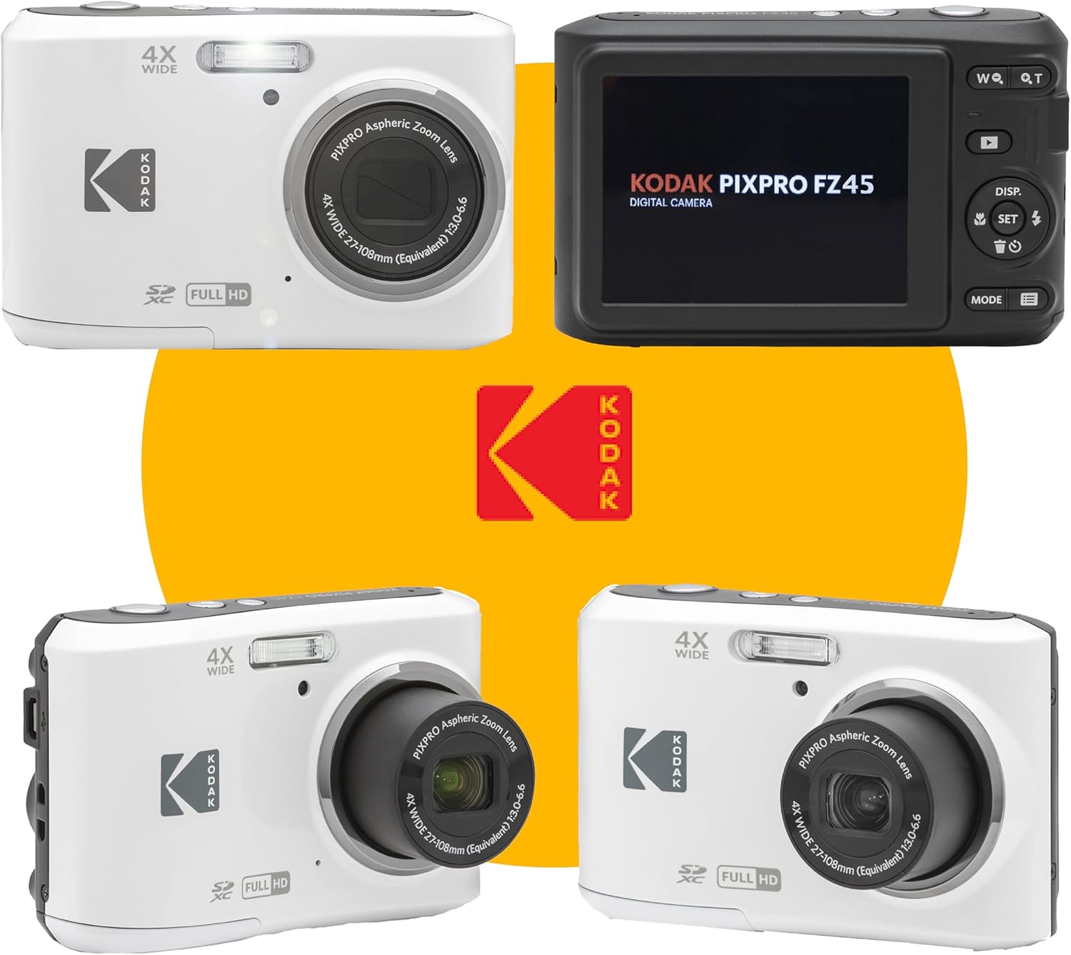 KODAK PIXPRO FZ45 16MP Digital Camera with 4X Optical Zoom 27mm Wide Angle and 2.7" LCD Screen Bundle with 32GB SD Memory Card  AA Batteries (4 Pack)  Lens Cleaning Cloth (White)