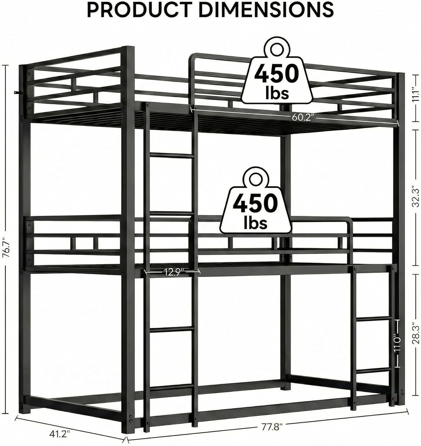 LIKIMIO Triple Bunk Bed, Bunk Bed Twin Over Twin Over Twin, Triple Bunk with 2 Ladders, Metal Bed Frame with Guardrails for Bedroom, No Box Spring Needed, Black