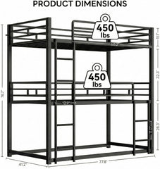 LIKIMIO Triple Bunk Bed, Bunk Bed Twin Over Twin Over Twin, Triple Bunk with 2 Ladders, Metal Bed Frame with Guardrails for Bedroom, No Box Spring Needed, Black