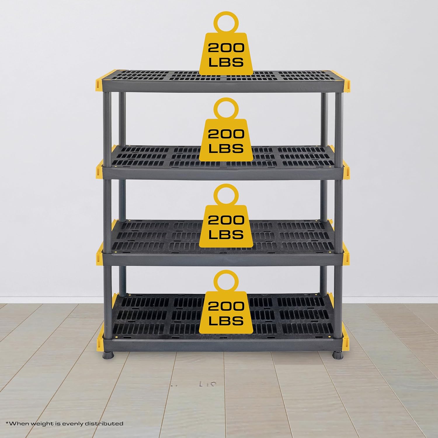 CX Black & Yellow 4-Tier Heavy Duty Storage Shelves and 8 Heavy Duty Storage Bins with Lids, 4 Shelves that Support up to 200lbs/shelf + 27 Gallon Containers (8-Pack), Organization and Storage