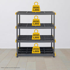 CX Black & Yellow 4-Tier Heavy Duty Storage Shelves and 8 Heavy Duty Storage Bins with Lids, 4 Shelves that Support up to 200lbs/shelf + 27 Gallon Containers (8-Pack), Organization and Storage