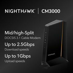 NETGEAR Nighthawk DOCSIS 3.1 Mid/high-Split Cable Modem (CM3000-1AZNAS) – Approved for Today’s Fastest Speeds - Works With all Cable Providers  Incl. Xfinity  Spectrum  Cox - Cable Plans up to 2.5Gbps