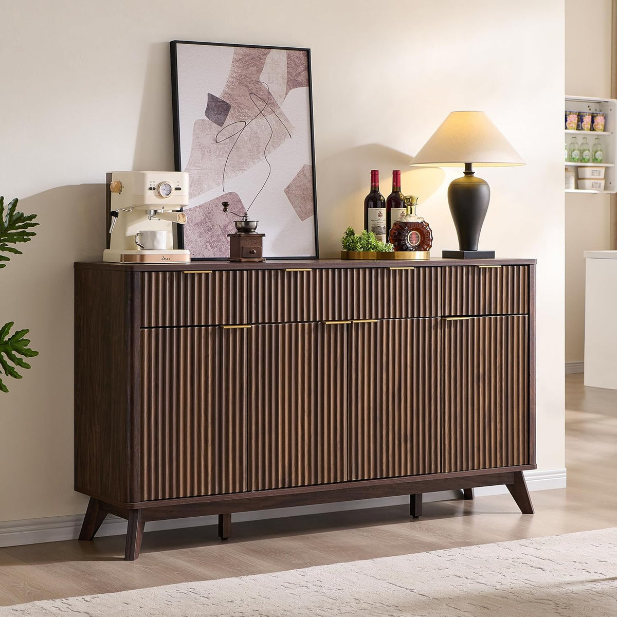 OKD Fluted Storage Cabinet with Drawers, 60" Morden Buffet Sideboard Coffee Bar Cabinet with 4 Doors and 3 Drawers for Dining Room, Living Room,Hallway (Dark Walnut)
