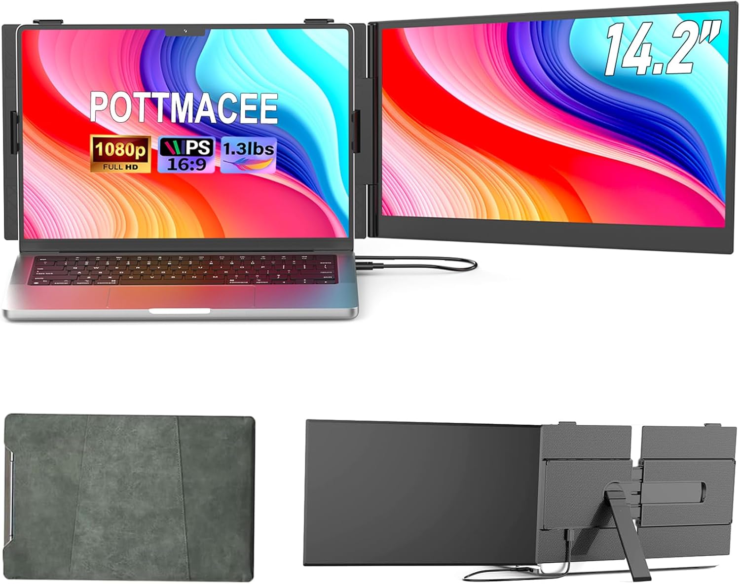 14.2" Laptop Screen Extender  0.17" Ultra-Thin FHD 1080P IPS Portable Monitor for Laptop  Dual Screen Travel Monitor Extender  Plug-Play for Windows/Mac/Chrome  Fit 13”-17.3” Laptops