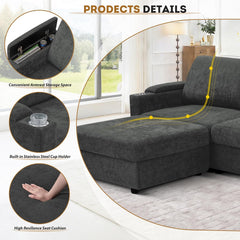 108'' Chenille Sectional Couch with Storage Armrests,U Shaped Upholstered Sofa with 2 Movable Ottomans, 5-Seat Modular Couch with Cup Holders for Living Room, Grey