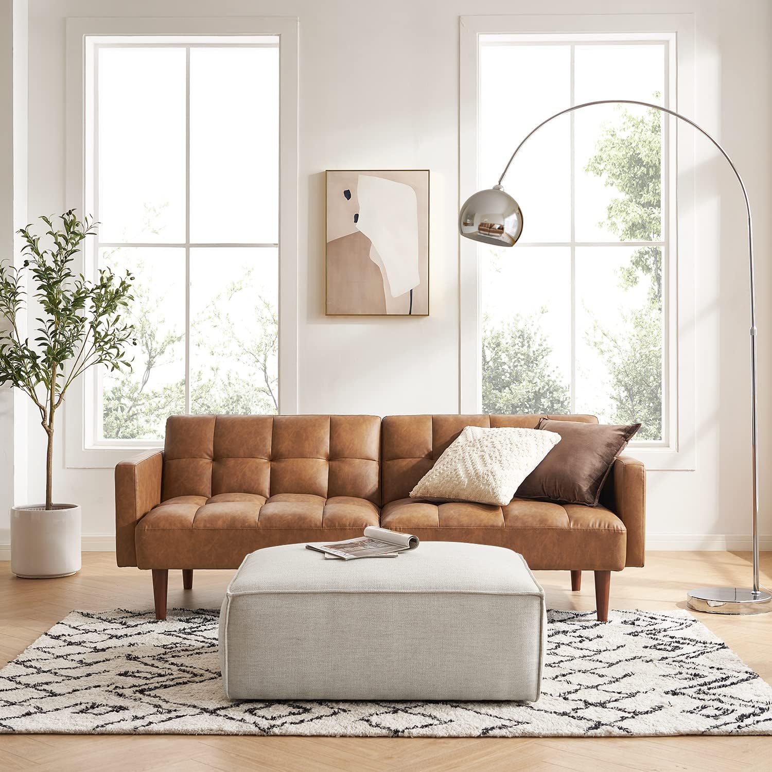 mopio 76.4" Futon Sofa Bed, Couch, Loveseat, Sleeper Sofa, Mid Century Modern Futon Couch, Sofa Cama, Couches for Living Room (Aaron PU, Pecan Brown)