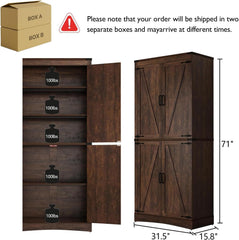 71in Farmhouse Kitchen Pantry Cabinet,Tall Storage Cabinet with 4 Doors and Adjustable shelves,with Load-Bearing Steel Pipe,Wood Storage Cabinets for Kitchen,Dining Room,Bathroom(Brown)