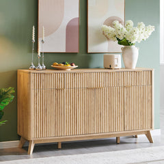 T4TREAM Large Buffet Sideboard Cabinet with Storages, 60" Fluted Modern Buffet Table Coffee Bar Wine Bar Storage Cabinet with 3 Drawers & 4 Doors for Dining Room, Living Room, Hallway(Natural Oak) | with Storages, Coffee Bar, Wine Bar, Storage Cabine