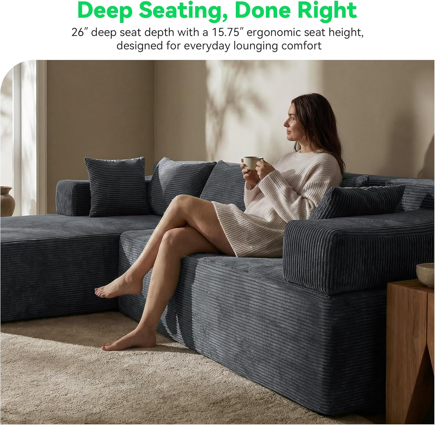 141'' Modular Sectional Sofa, PRO Version U-Shape Boneless Couch, Oversized Deep Seating Cloud Couch, No Assembly, High-Resilience Foam, Soft Corduroy Fabric, for Living Room Apartments Grey | High-Resilience Foam