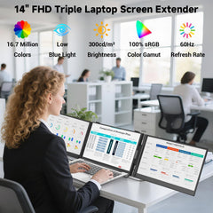 Triple Laptop Screen Extender 0.17" Ultra-Thin  14" 1080P FHD Portable Monitor for Laptops 13-17.3"  Laptop Monitor Extender 2.2 LB Lightest  USB-C HDMI Plug-Play for Mac Windows PS Switch Work Travel