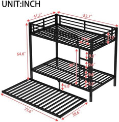 Metal Bunk Bed Twin XL over Twin XL with Trundle for 3 Kids/Teens/Adults, Heavy-duty Metal Bunk Bed Frame with Ladder & Safety Guardrail, Space-saving Design for Bedroom/Kidsroom/Dorm, Black