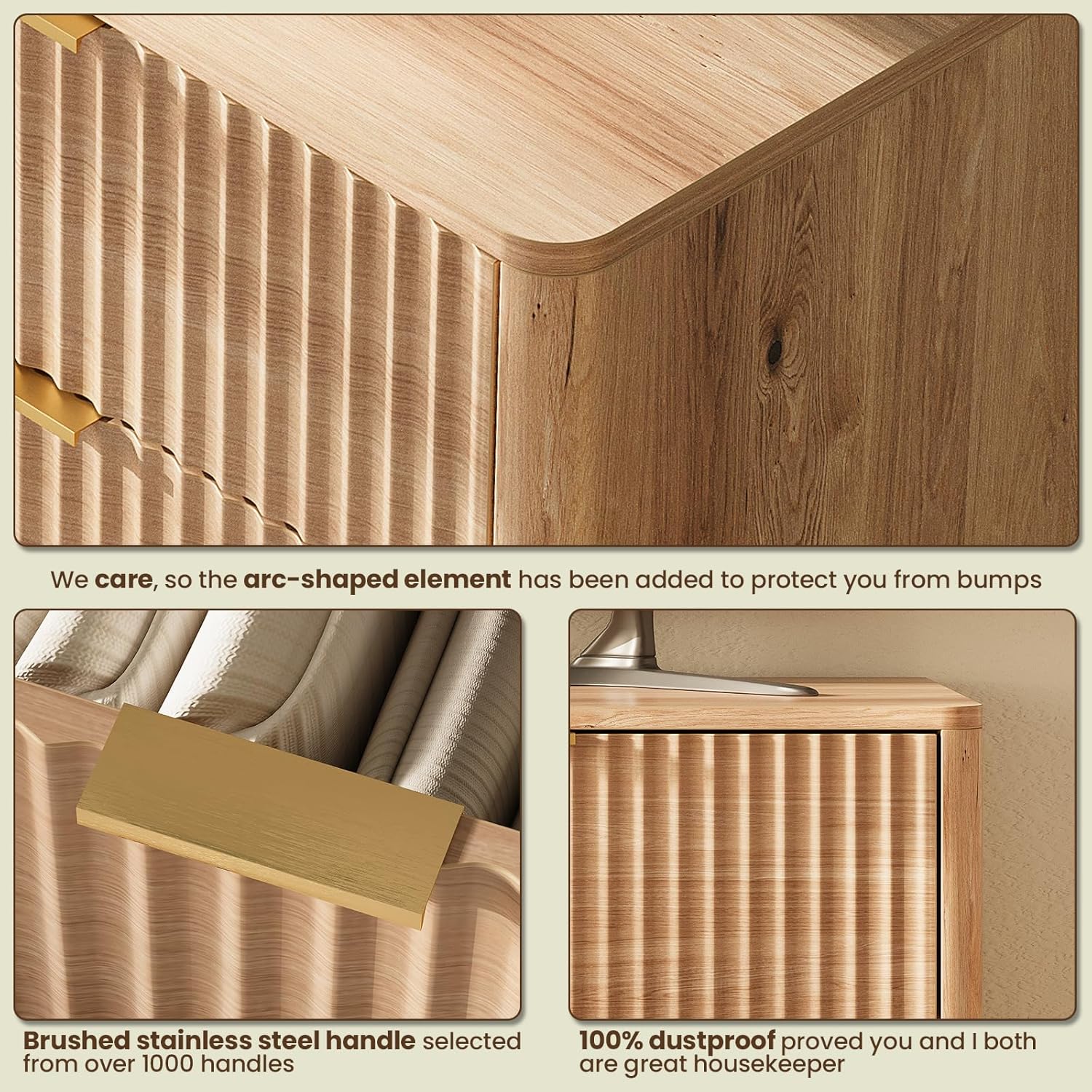 63'' Wide 9 Drawers Dresser for Bedroom,Modern Fluted Vertical Chest with Rounded Corners,Fluted Dresser for Living Room,Hallway, Natural Wood