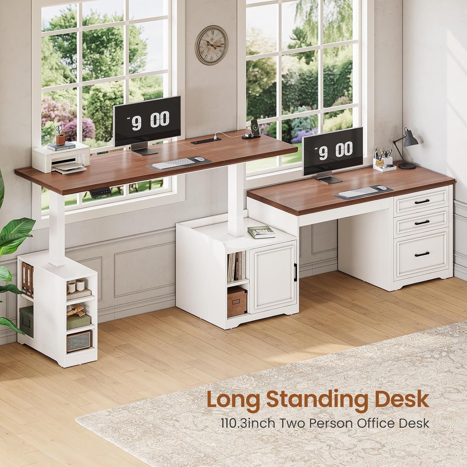 SEDETA Farmhouse L Shaped Electric Standing Desk, 63" x 67" Height Adjustable Home Office Executive Desk with Drawers and Shelves, Standing Computer Desks with Power Outlet for Home Office, White