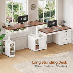 SEDETA Farmhouse L Shaped Electric Standing Desk, 63" x 67" Height Adjustable Home Office Executive Desk with Drawers and Shelves, Standing Computer Desks with Power Outlet for Home Office, White