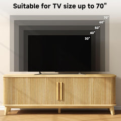 66" TV Stand for TVs up to 80", Mid-Century Modern Entertainment Center, TV Console with Storage Cabinet and Adjustable Shelves, Wood Curved Media Console with Sliding Door for Living Room,Natural Oak