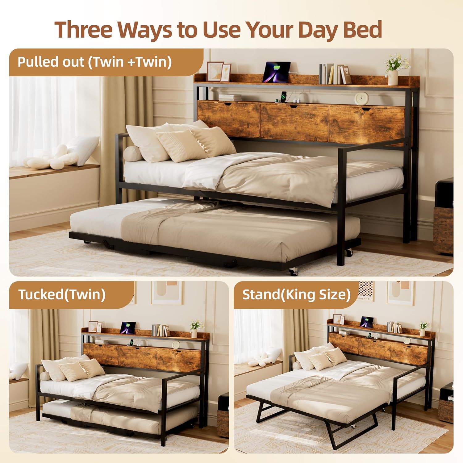 Betterhood Daybed with Trundle, Twin to King Bed Daybed Trundle Bed, Heavy Duty Metal Bed Frame with Storage Headboard & Charging Station, Day Bed Frame for Living Room Bedroom Guest Room (Daybed)