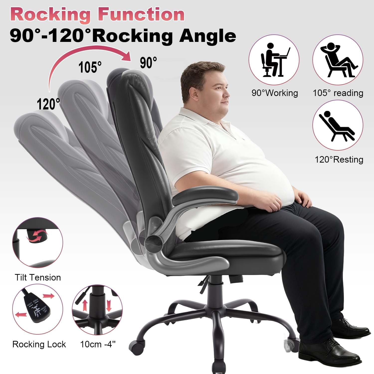 Ergonomic Executive Office Chairs with Lumbar Support Wheels PU Leather Padded Home Desk Chairs with Adjustable Flip Arms, Black