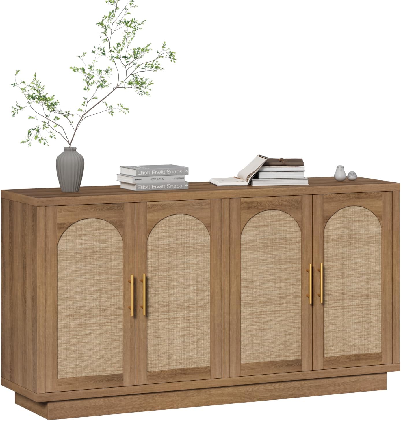 59-Inch Rattan Sideboard Buffet Cabinet, Farmhouse Storage Cabinets with Adjustable Shelves & 4 Arched Doors, Boho Credenza Coffee Bar Cabinet for Kitchen, Living Room, Entryway