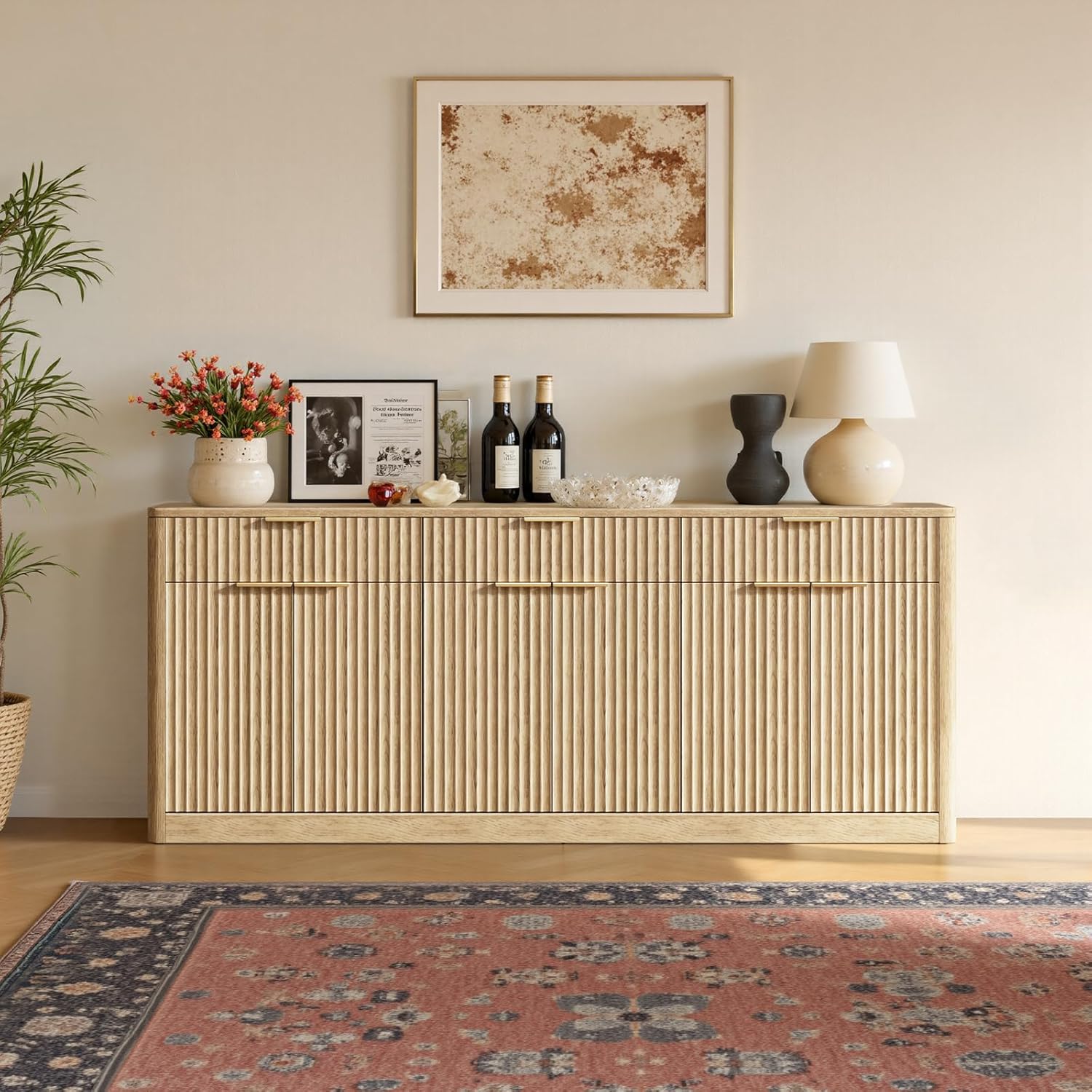 Evermagin 67" Fluted Oak Sideboard Buffet Cabinet with 3 Drawers, Modern Credenza with Storage, Console Coffee Bar Cabinet for Kitchen, Living Room and Entryway (67" W x 31.5" H x 15.7" D)