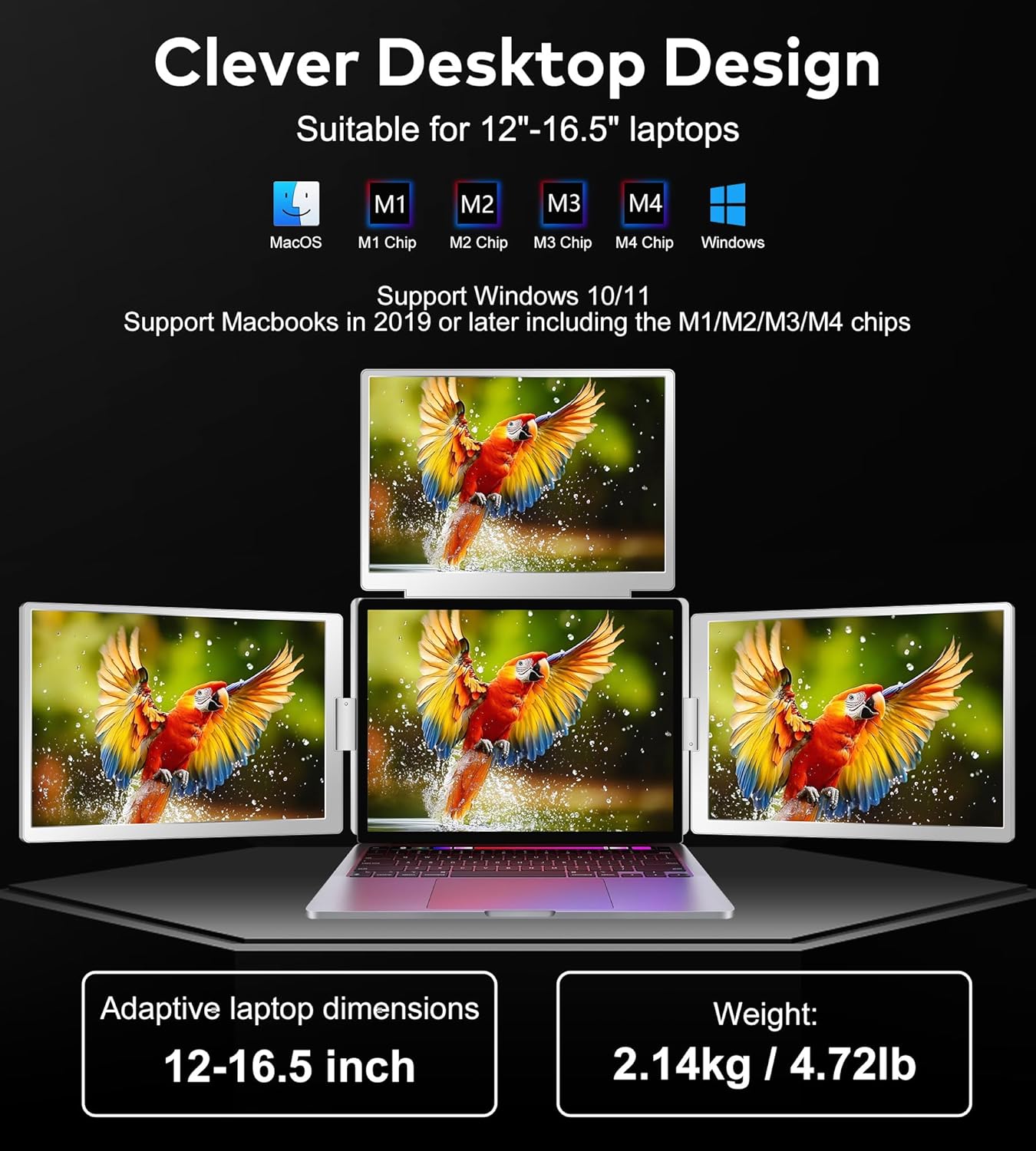 FOPO 14" Laptop Screen Extender  FHD 1200P IPS Monitor Extender  Just 1 Cable for 3 Screens Quad Monitor  Triple Extender for 12"-17.3" Laptops  Compatible with Windows 10/11 and Mac M1/M2/M3