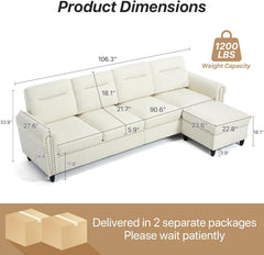 Westice 106" Modular Sectional Sofa with Movable Ottoman, Deep-Seat L-Shaped Couch, 4-Seater Modern Sofa for Living Room, Bedroom, or Apartment (Beige)