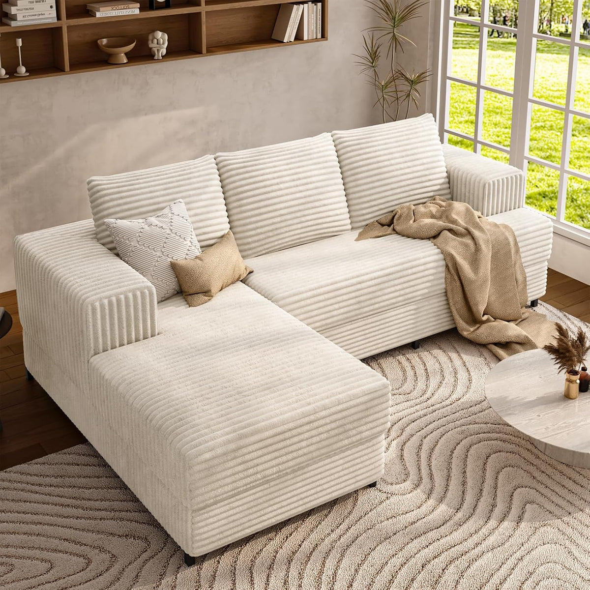 106" Cloud Modular Sectional Sofa with Chaise Lounge, No Assembly L Shaped Couch with Iron Frame, Modern Fluffy Corduroy Couches for Living Room, Bedroom, Office, Left Facing Chaise, White