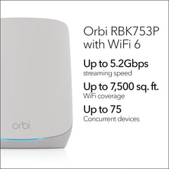 NETGEAR Orbi Whole Home Tri-Band WiFi 6 Mesh Network System (RBK753P) – Router with 2 Satellite Extenders – Security Features - Coverage up to 7 500 sq. ft.  75 Devices - AX5200 (Up to 5.2Gbps)