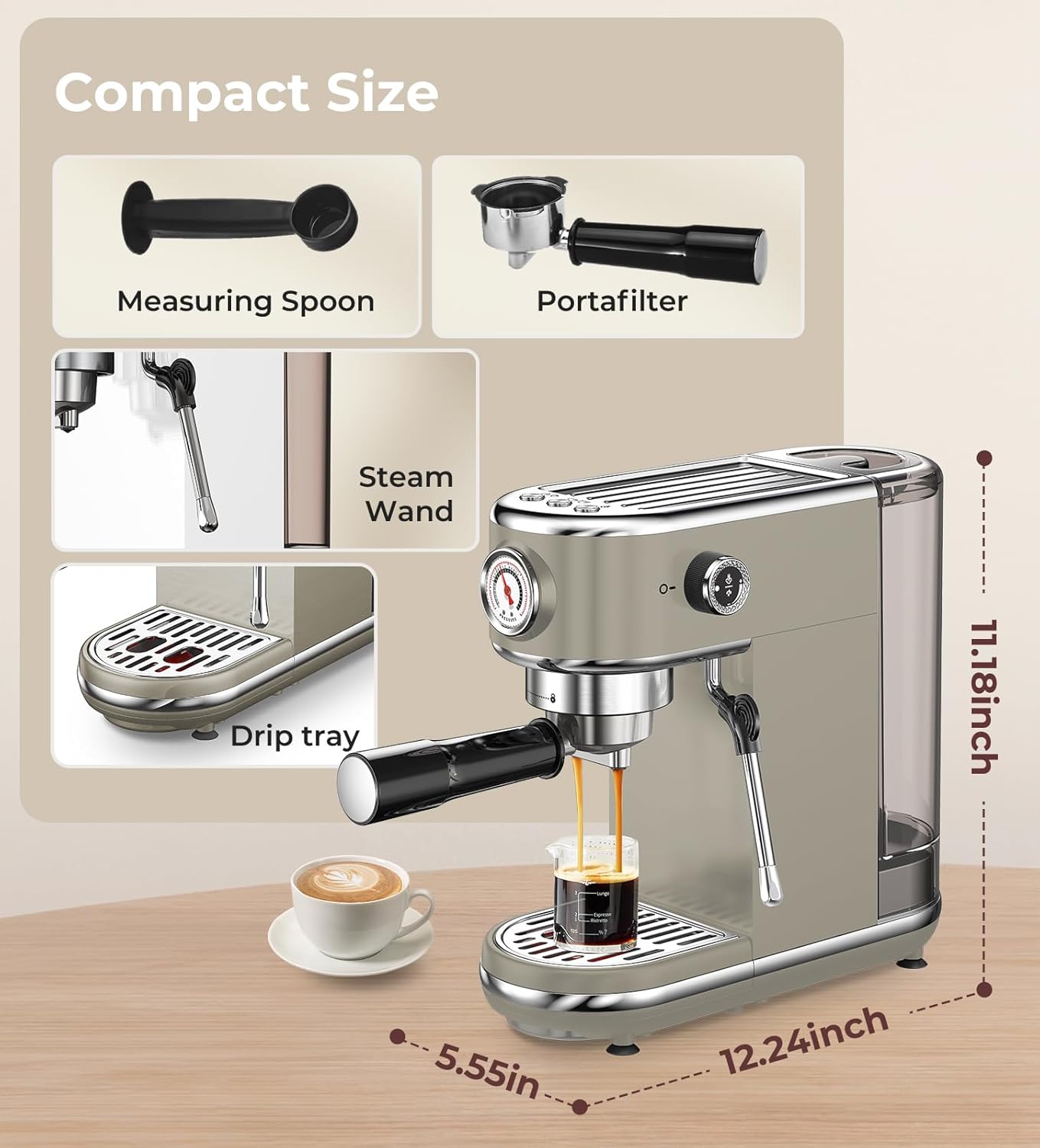 20 Bar Espresso Machine with Milk Frother, Compact Espresso Maker, Stainless Steel Coffee Machine with Precise Temp Control & 44oz Removable Water Tank for Latte, Cappuccino, Light Grey