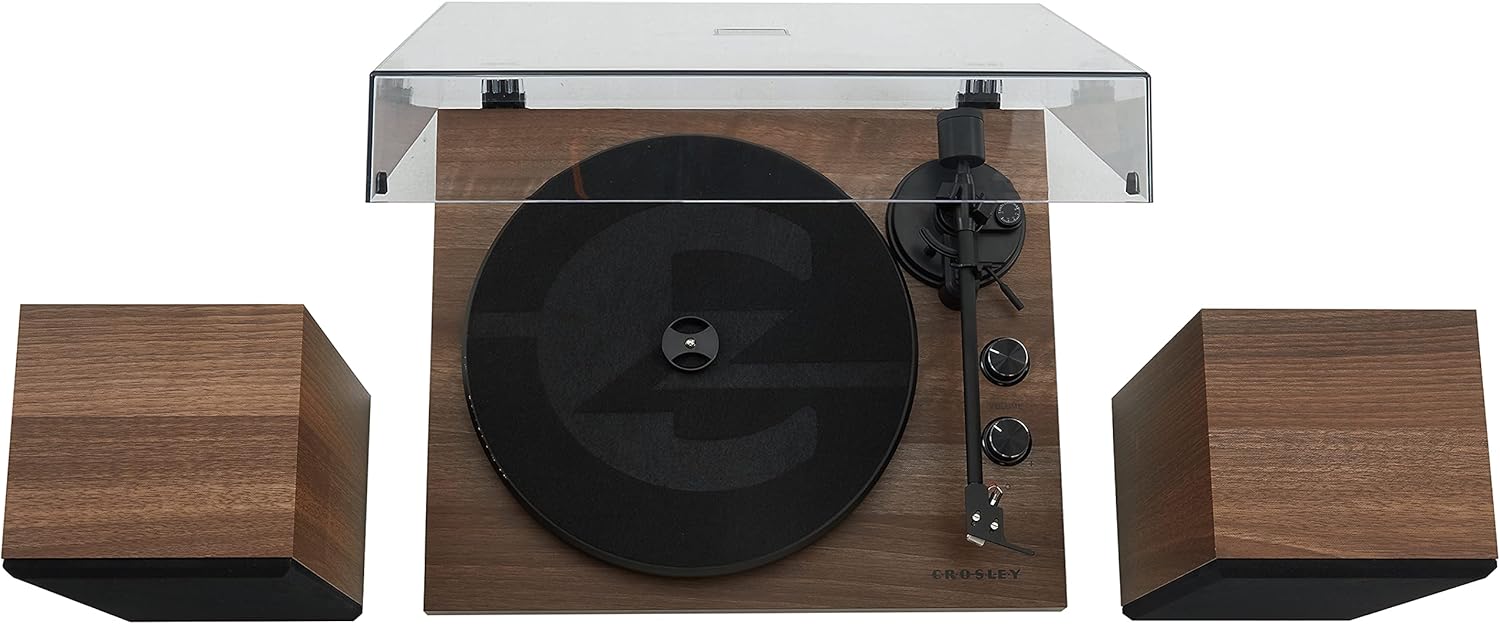 Crosley C62C Turntable HiFi System Record Player with Speakers  Adjustable Tonearm  Moving Magnet Cartridge  Bluetooth Receiver  40W Per Channel  and Anti-Skate  Walnut