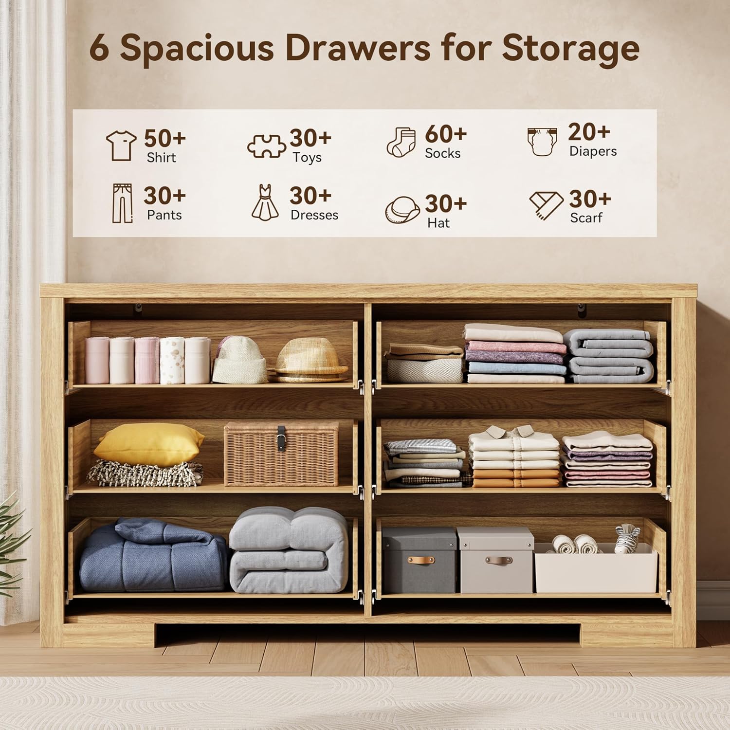 Fluted 6 Drawers Dresser for Bedroom, 54" Modern Chest of Drawers with Metal Handle, Wood Closet Clothes Storage Organizer for Living Room, Hallway, Entryway, Natural Oak