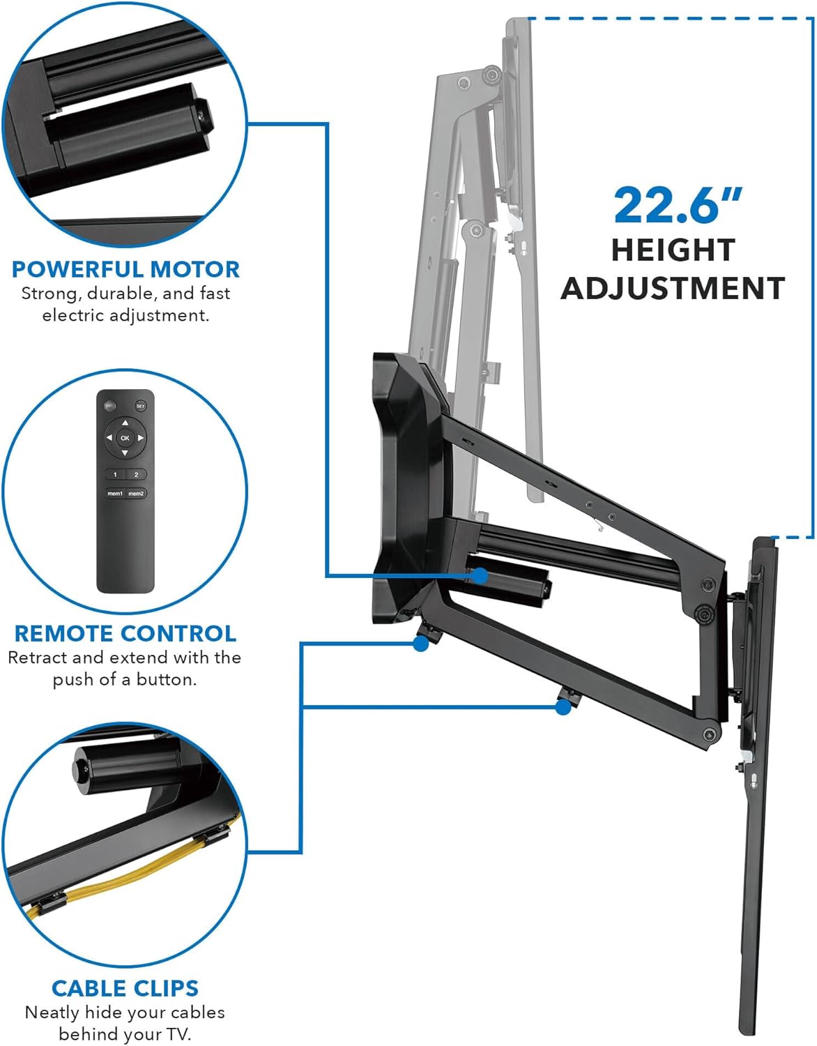 MOUNT-IT! Motorized Fireplace TV Wall Mount | Remote Control Electric Pull Down Mantel Mounting Bracket  Up to 77 Lbs Weight Capacity  Height Adjustable  Swivel  VESA 600x400 Compatible