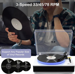 LP&No.1 Record Player with Built-in Stereo Speakers  LED Control  3-Speed Belt-Drive Vinyl Turntable with USB Playback & Recording  Wireless BT Input & Output  Auto Stop  Pitch Control | White Pearl