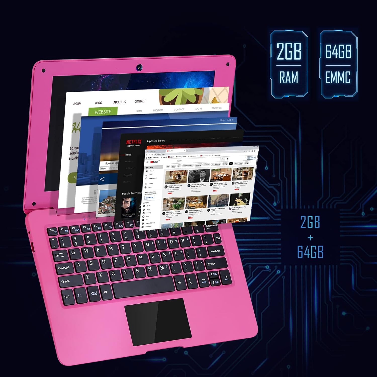 Laptop Computer(10.1 inch)  Quad Core Powered by Android 12.0  Netbook Computer with WiFi  Webcam and Bluetooth  Mini Laptop with Bag  Mouse  and Mouse Pad for Kids and Adults（Pink）