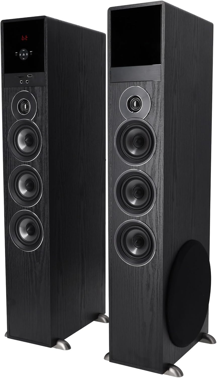 Rockville TM150B Powered Home Theater Tower Speaker System  Black  1000W  10" Subwoofers  Bluetooth  USB/SD Playback  FM Radio  Remote Control  Karaoke Ready  Perfect for Home Entertainment