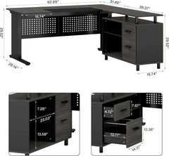 Tribesigns 63 Inch Executive Desk with File Cabinet, L Shaped Office Desk with Drawers and Storage Shelves, Business Furniture Set Workstation for Home Office, Gray and Black