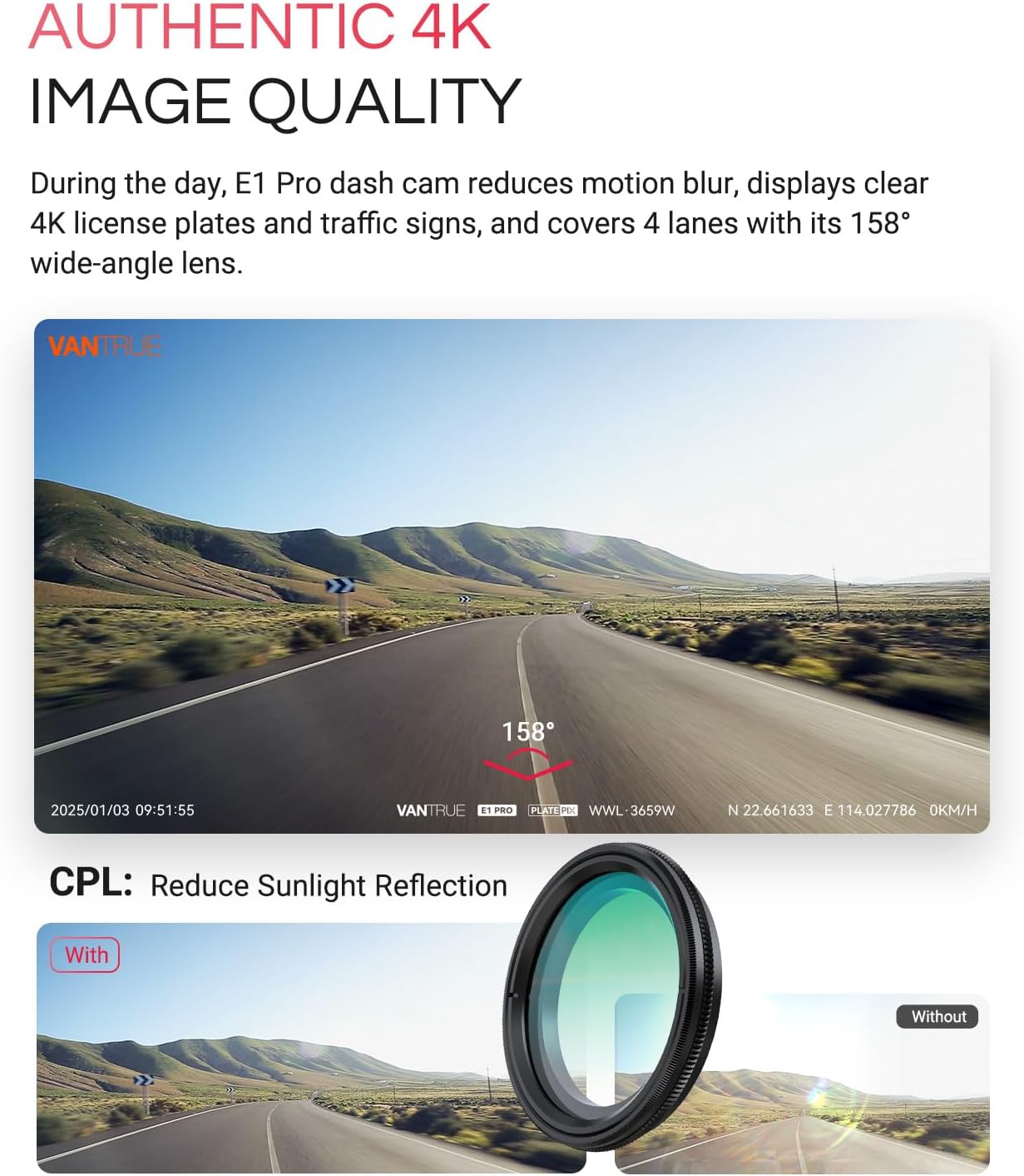 Vantrue E1 Pro 4K Mini Dash Cam Front  STARVIS 2 PlatePix HDR Night Vision Car Camera  Built-in 5G WiFi GPS  1.54'' IPS Screen  Voice Control  24/7 Buffered Parking Mode  Support 1TB Max