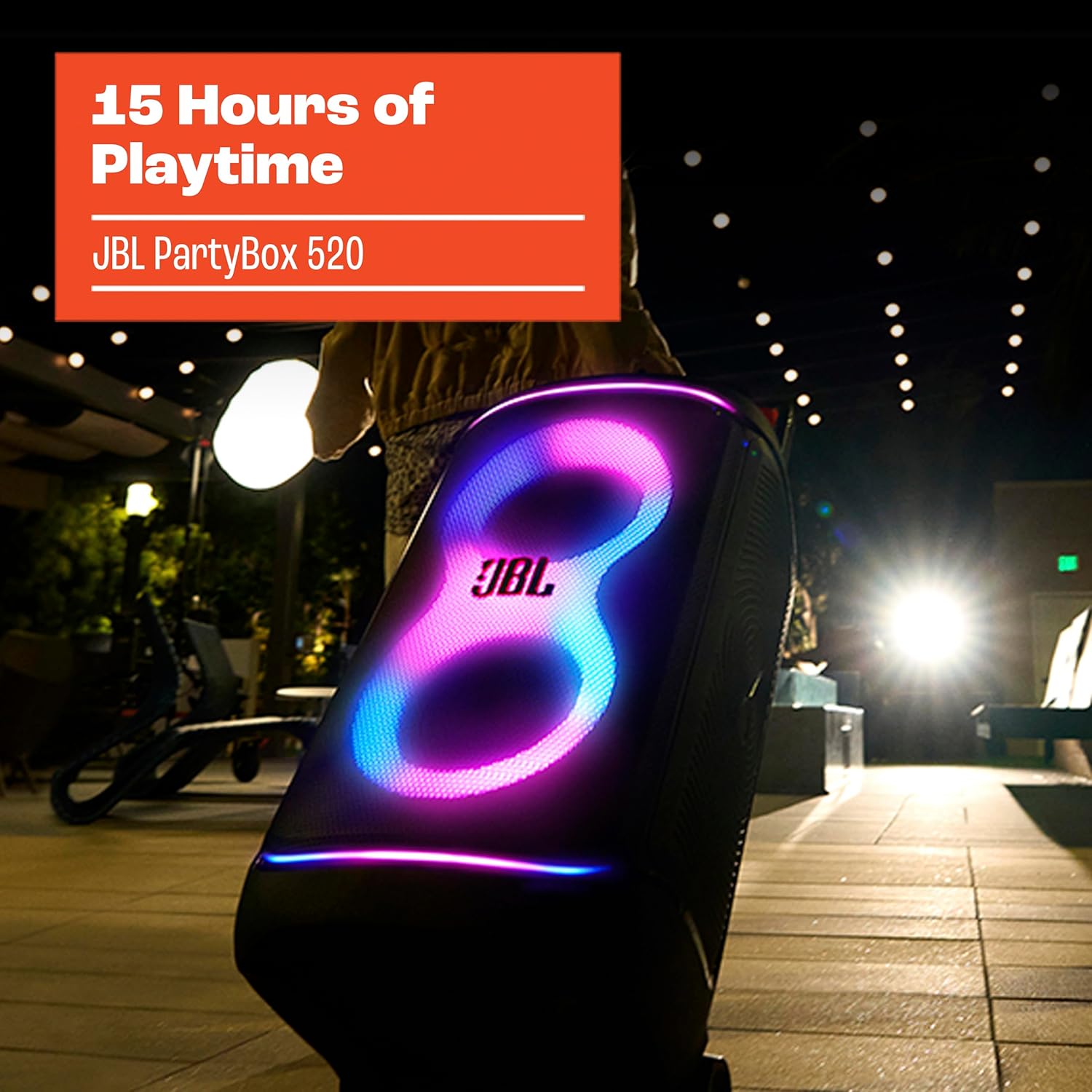 JBL PartyBox 520 - Portable Battery-Powered Party Speaker with AI Sound Boost  Up to 15 Hours of Play time  IPX4 Splash Proof  Multi-Speaker Connection by Auracast  and Telescopic Handle (Black)
