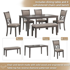 Signature Design by Ashley Wrenning Diamond Patterned Dining Table Set, 4 Upholstered Chairs and Bench, Seats 6, Wood, Gray
