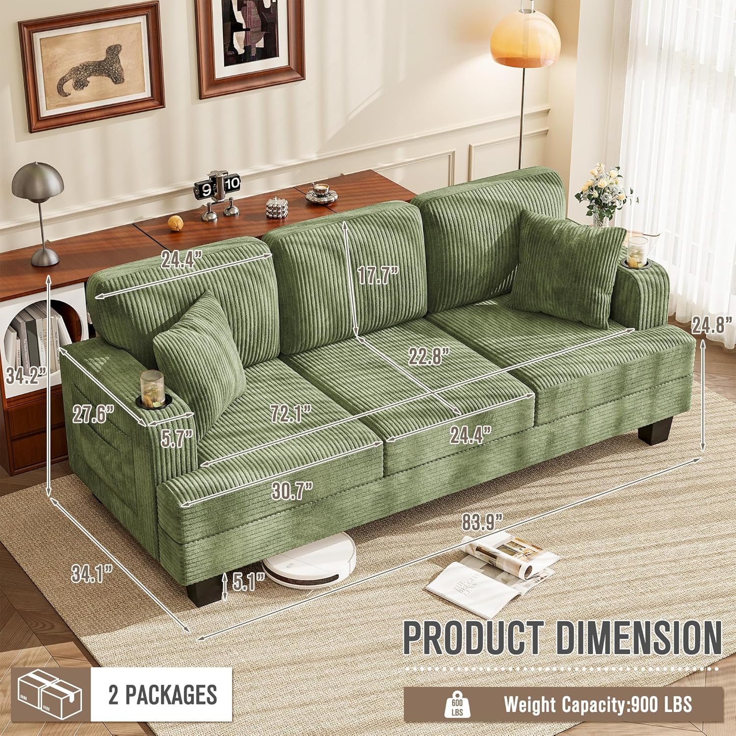 Homall Couches for Living Room, 83" Couch with Soft Deep Seats, Modern Sofa 3 Seater in Corduroy for Apartment, Bedroom (Olive Green)