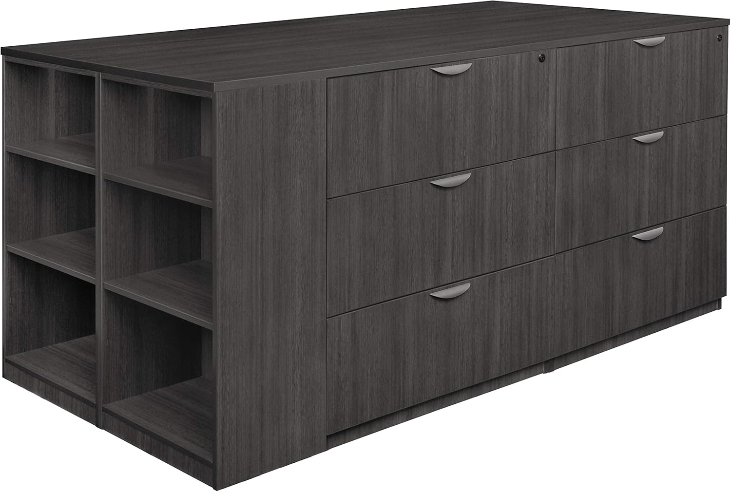 Romig Regency Legacy Stand Up Desk/3 Lateral File Quad with Bookcase End  Ash Grey