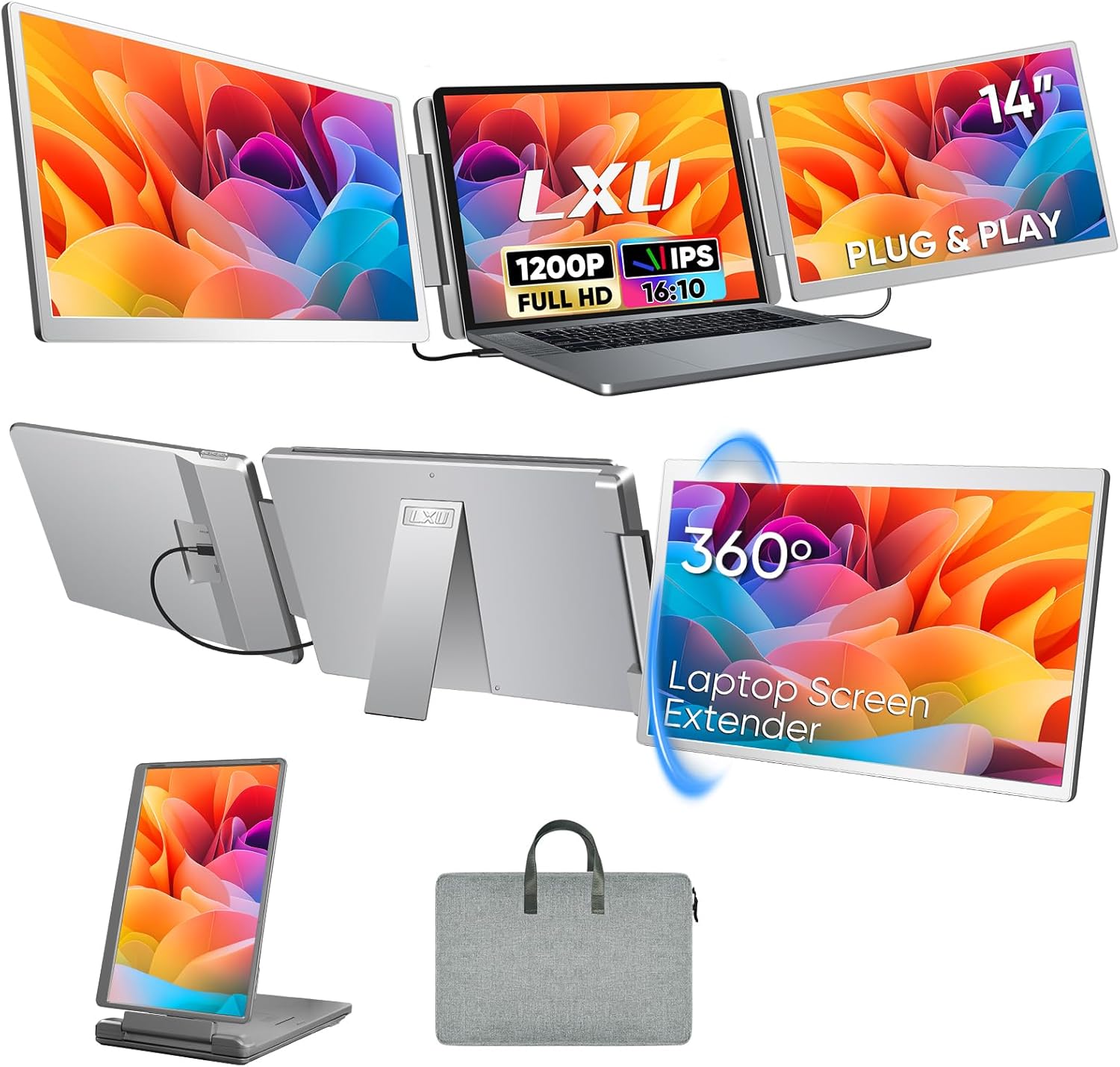 Laptop Screen Extender  FHD 1200P 16:10 IPS Portable Monitor for Laptops 12~16.2 inch  14" Triple Screen Laptop Monitor Extender Display  Plug & Play with USB-C HDMI for Windows/MacBook/Switch/PS5