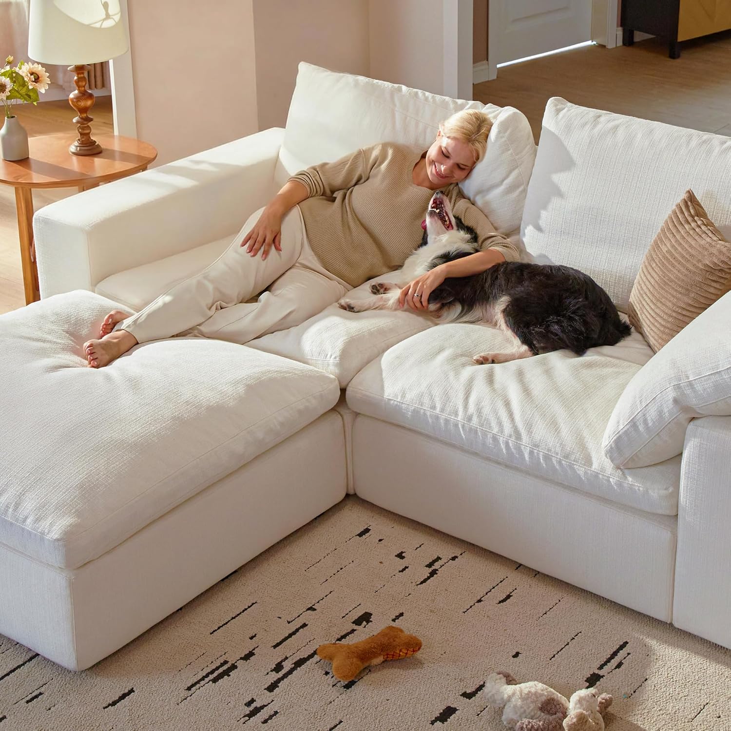 Cloud Couch Sectional 78.7'' Oversized Modular Deep Seat Sofa L Shaped Comfy White Cloud Couch with Washable Cover for Living Room Loveseat with Ottoman | Water repellent