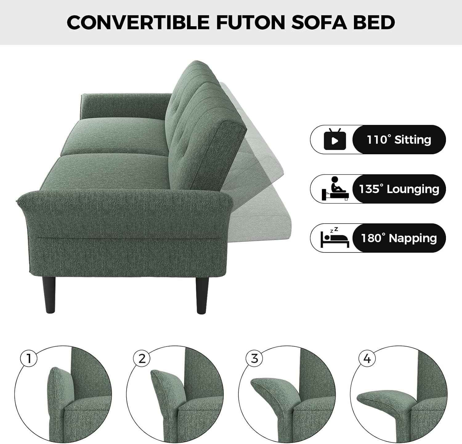 89” Futon Sofa Bed,Comfy Futon Couch Bed with 2 Square Pillows,Convertible Sleeper Sofa with Adjustable Backrest& Armrests, Modern Loveseat Sleeper for Living Room, Bedroom, Linen Green