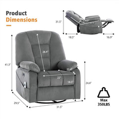 Power Swivel Rocker Recliner with Massage and Heat, USB and Type-C Port, Infinite Position, Electric Glider Rocking Chairs Living Room, Soft Fabric Reclining Sofa Chair (Velvet Grey)