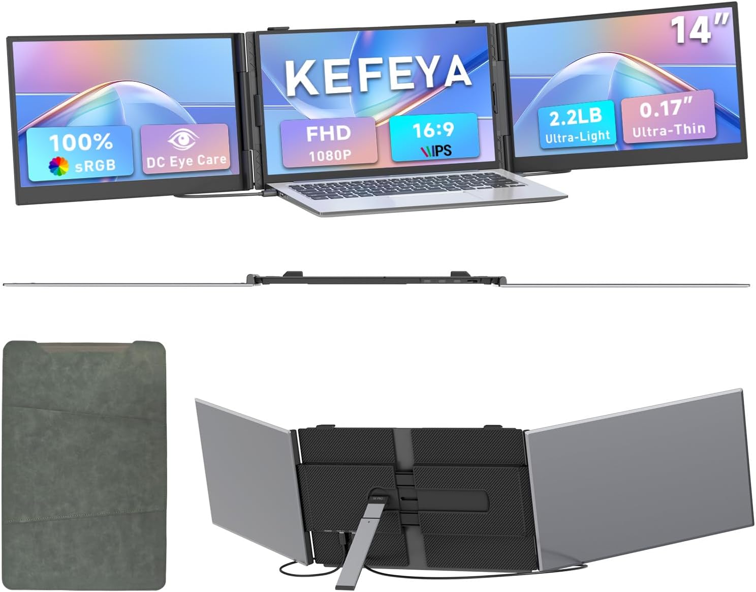 Triple Laptop Screen Extender 0.17" Ultra-Thin  14" 1080P FHD Portable Monitor for Laptops 13-17.3"  Laptop Monitor Extender 2.2 LB Lightest  USB-C HDMI Plug-Play for Mac Windows PS Switch Work Travel