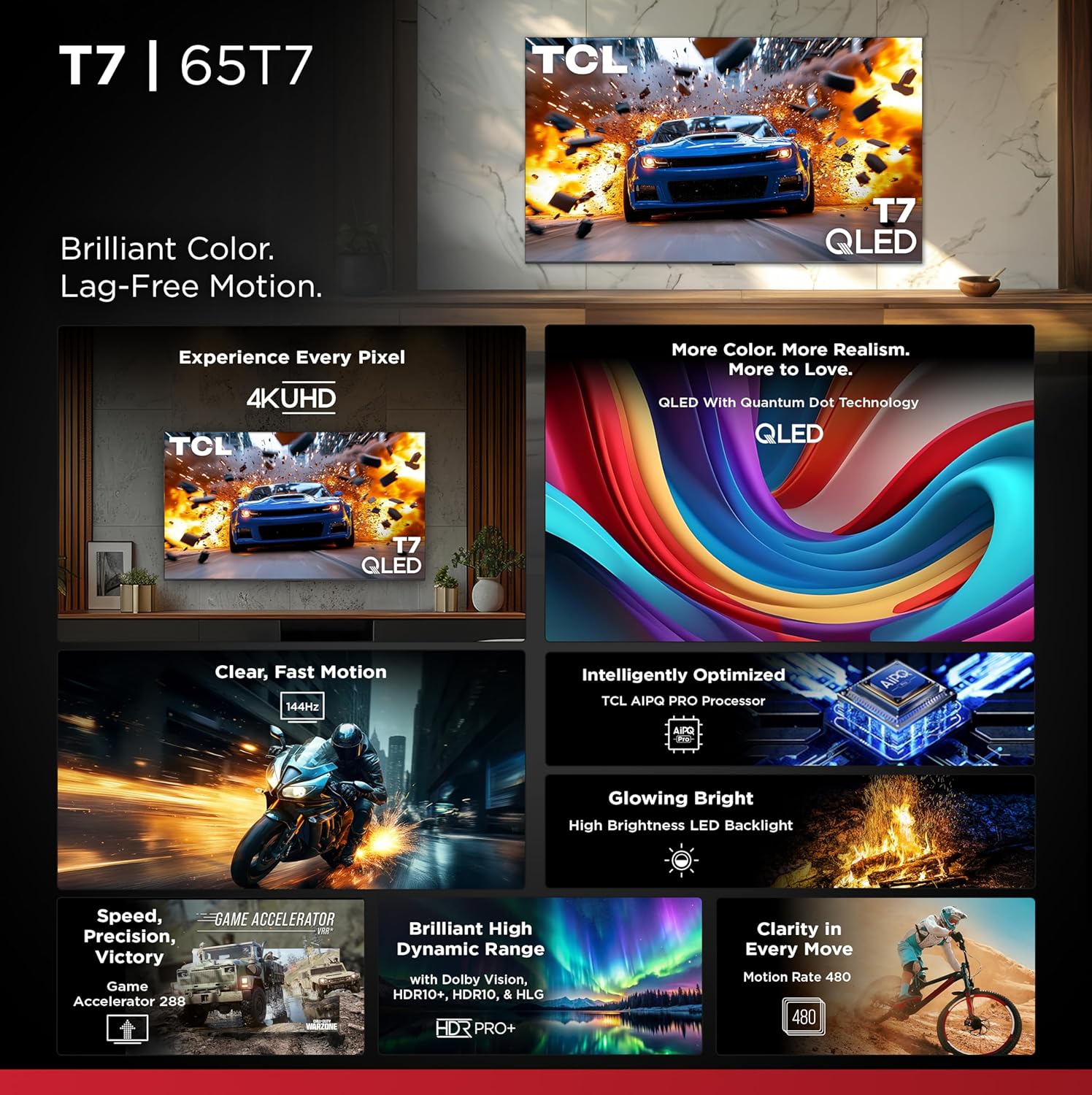 TCL 65 Inch Class T7 Series | 4K QLED HDR | 65T7  2025 Model | 120HZ-144HZ High Brightness Smart Google TV Dolby Atmos Audio | Voice Remote Alexa Gaming Streaming Television